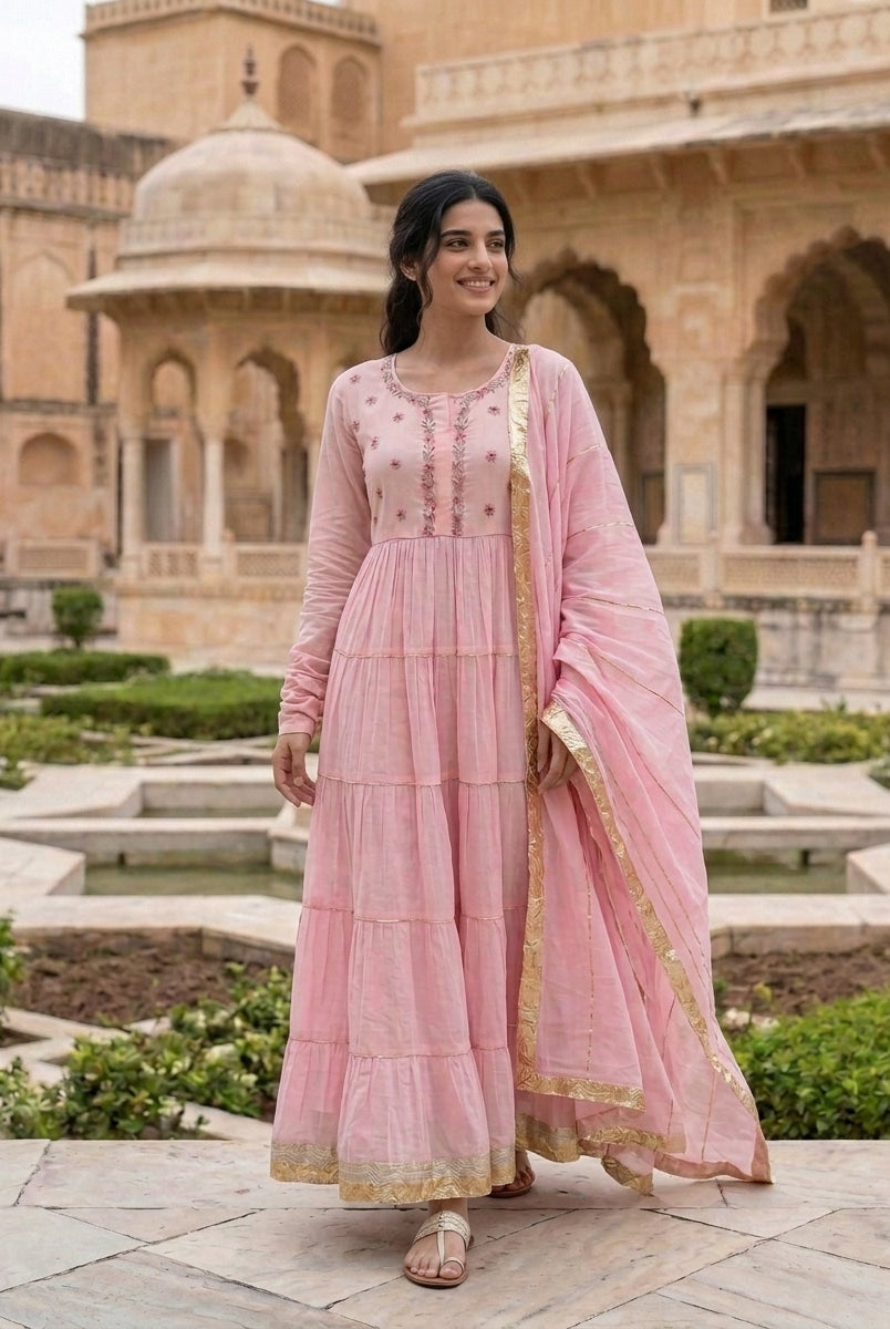 Pink Tiered Cotton Dress with Dupatta — view 6