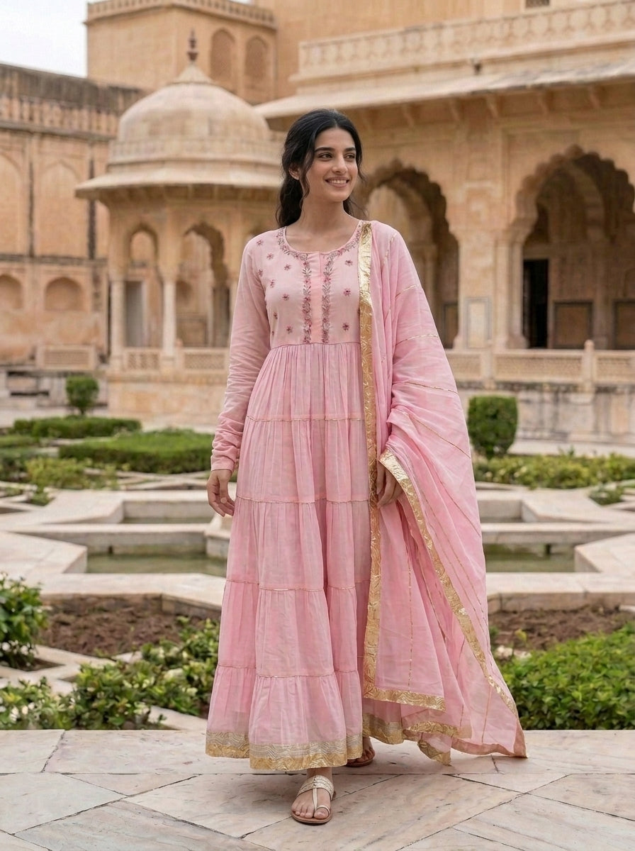 Pink Tiered Cotton Dress with Dupatta — view 6
