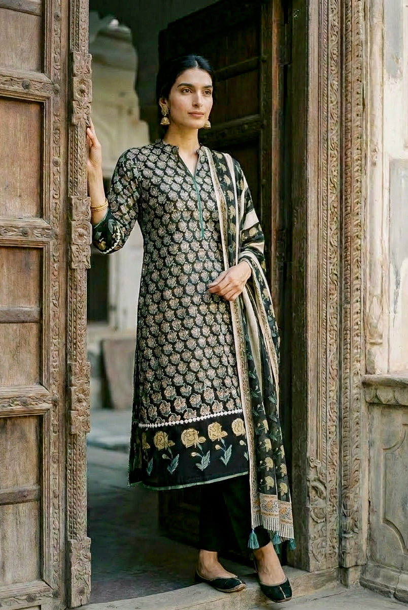 Dark Green Hand Block Print Silk Chanderi Kurta Set with Pants & Dupatta — full set front
