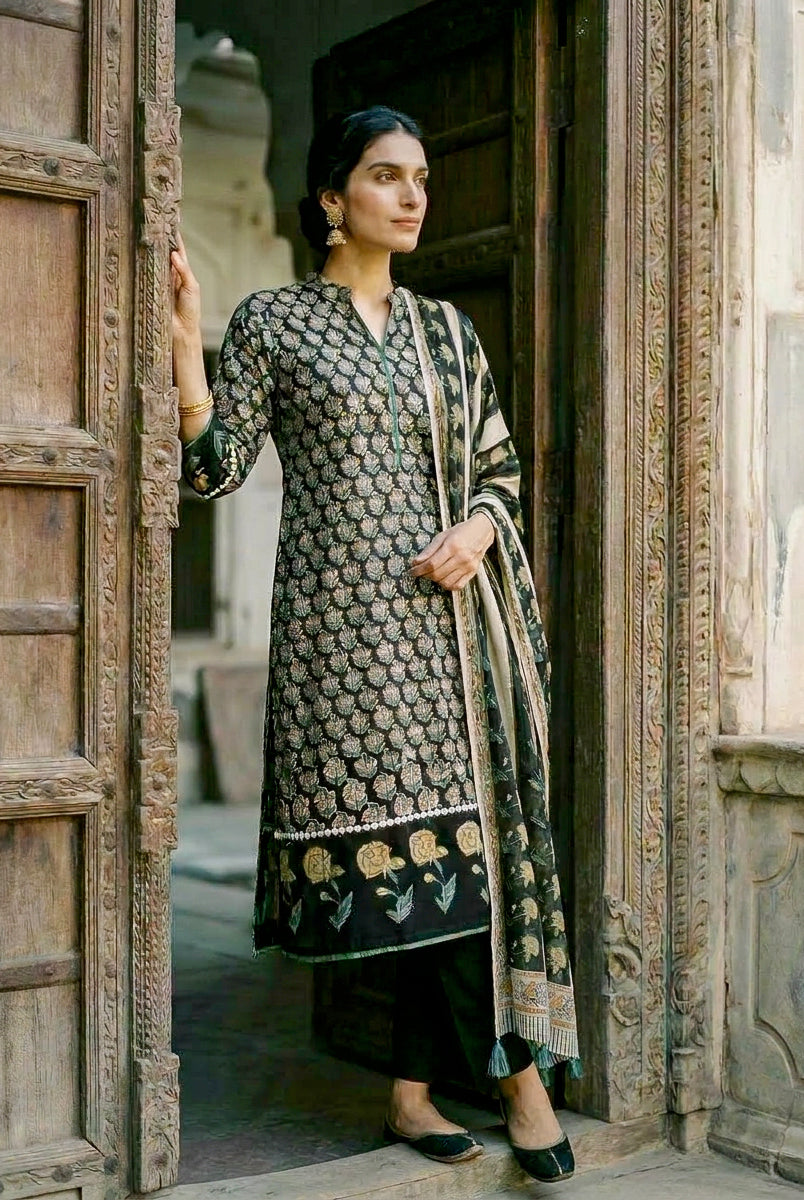 Dark Green Hand Block Print Silk Chanderi Kurta Set with Pants & Dupatta — model front