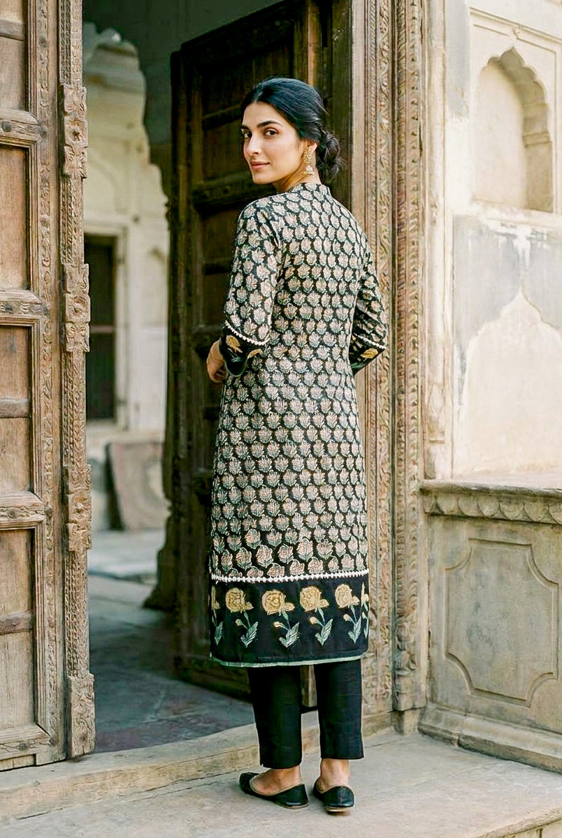 Dark Green Hand Block Print Silk Chanderi Kurta Set with Pants & Dupatta — kurta detail