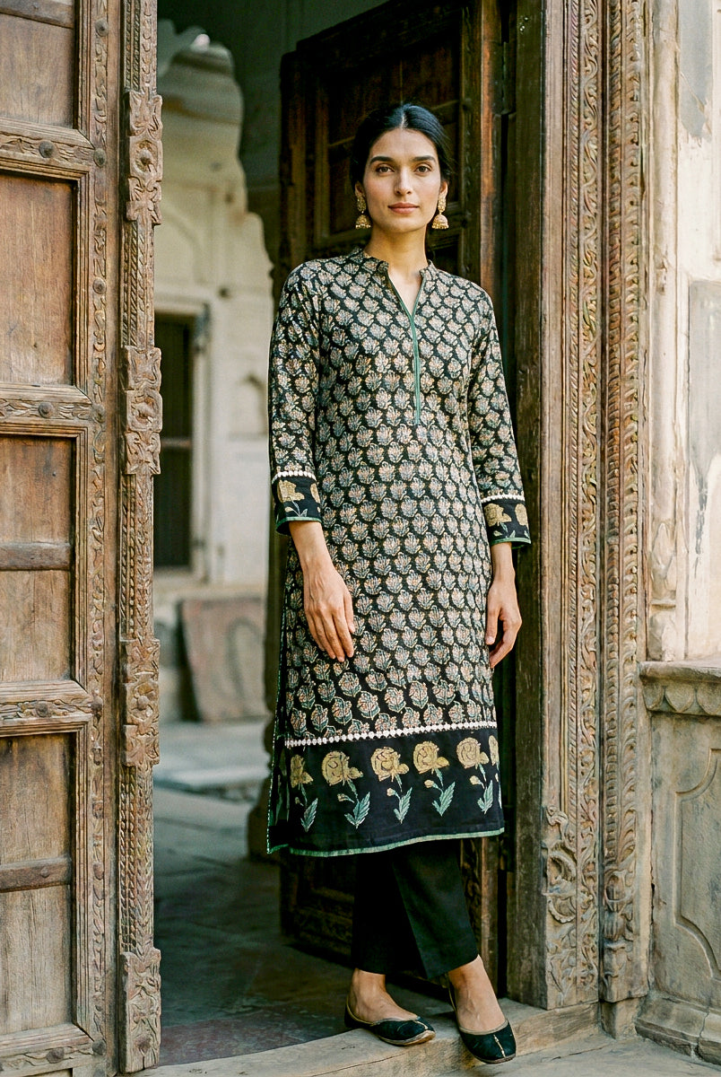 Dark Green Hand Block Print Silk Chanderi Kurta Set with Pants & Dupatta — back view