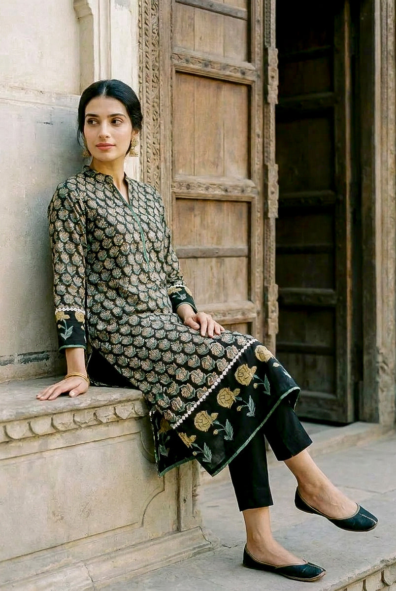 Dark Green Hand Block Print Silk Chanderi Kurta Set with Pants & Dupatta — side view