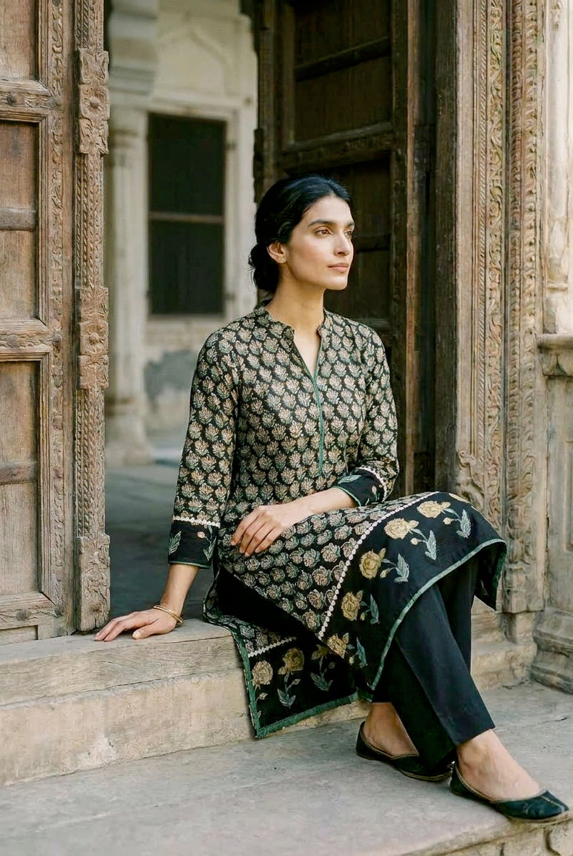 Dark Green Hand Block Print Silk Chanderi Kurta Set with Pants & Dupatta — styling detail