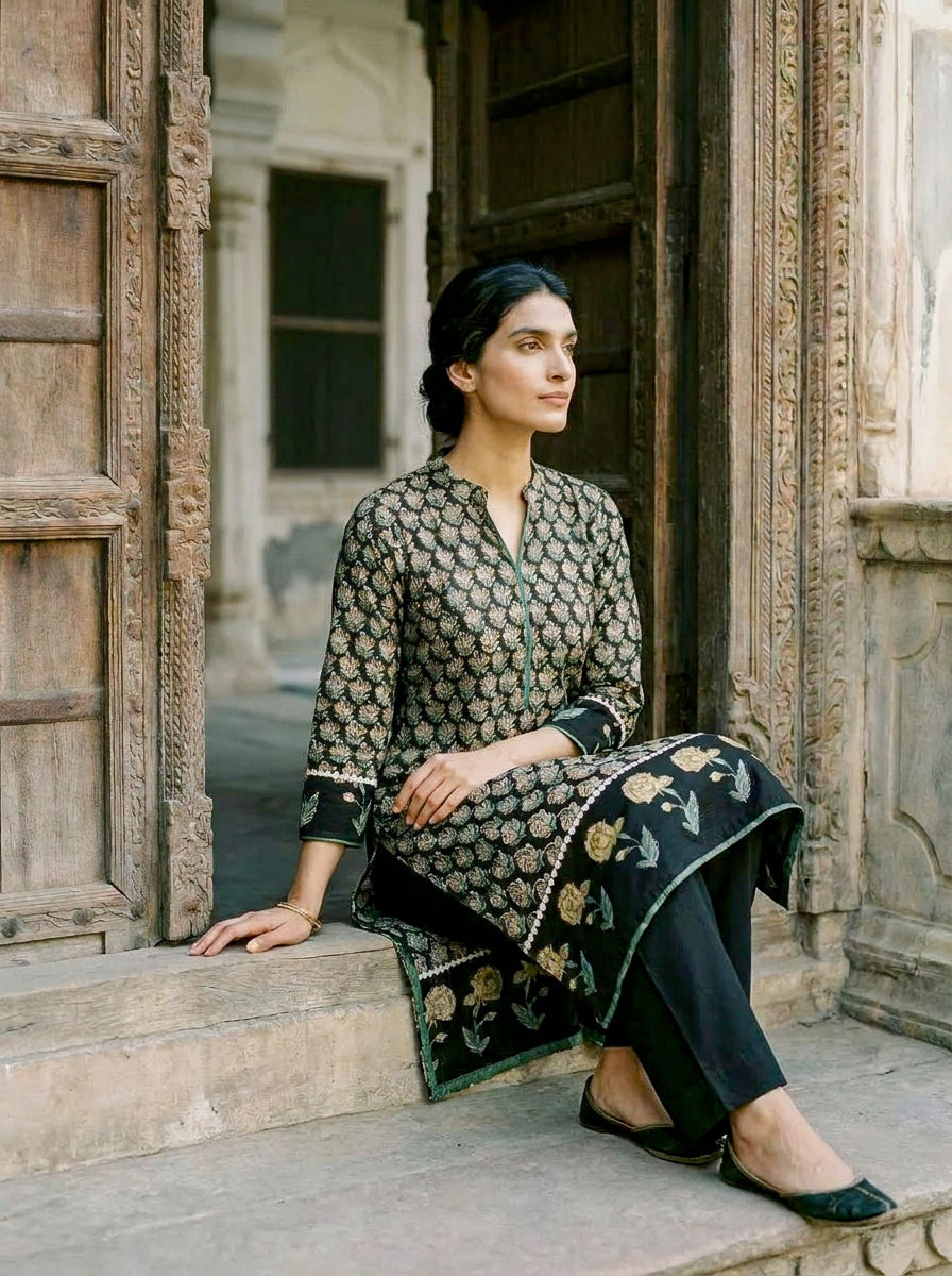 Dark Green Hand Block Print Silk Chanderi Kurta Set with Pants & Dupatta — styling detail