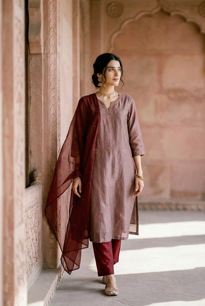 Mauve Embroidered Silk Chanderi Kurta Set with Pants & Dupatta — full set front
