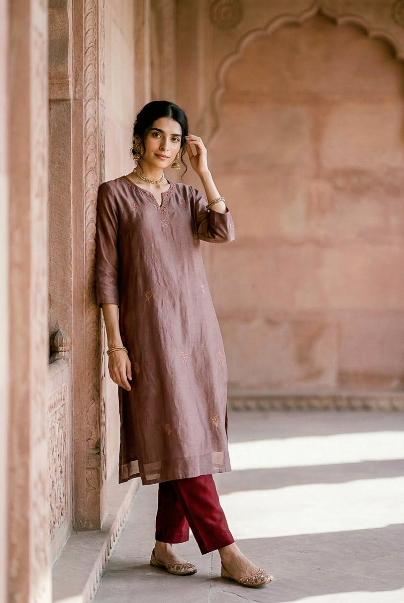Mauve Embroidered Silk Chanderi Kurta Set with Pants & Dupatta — model front