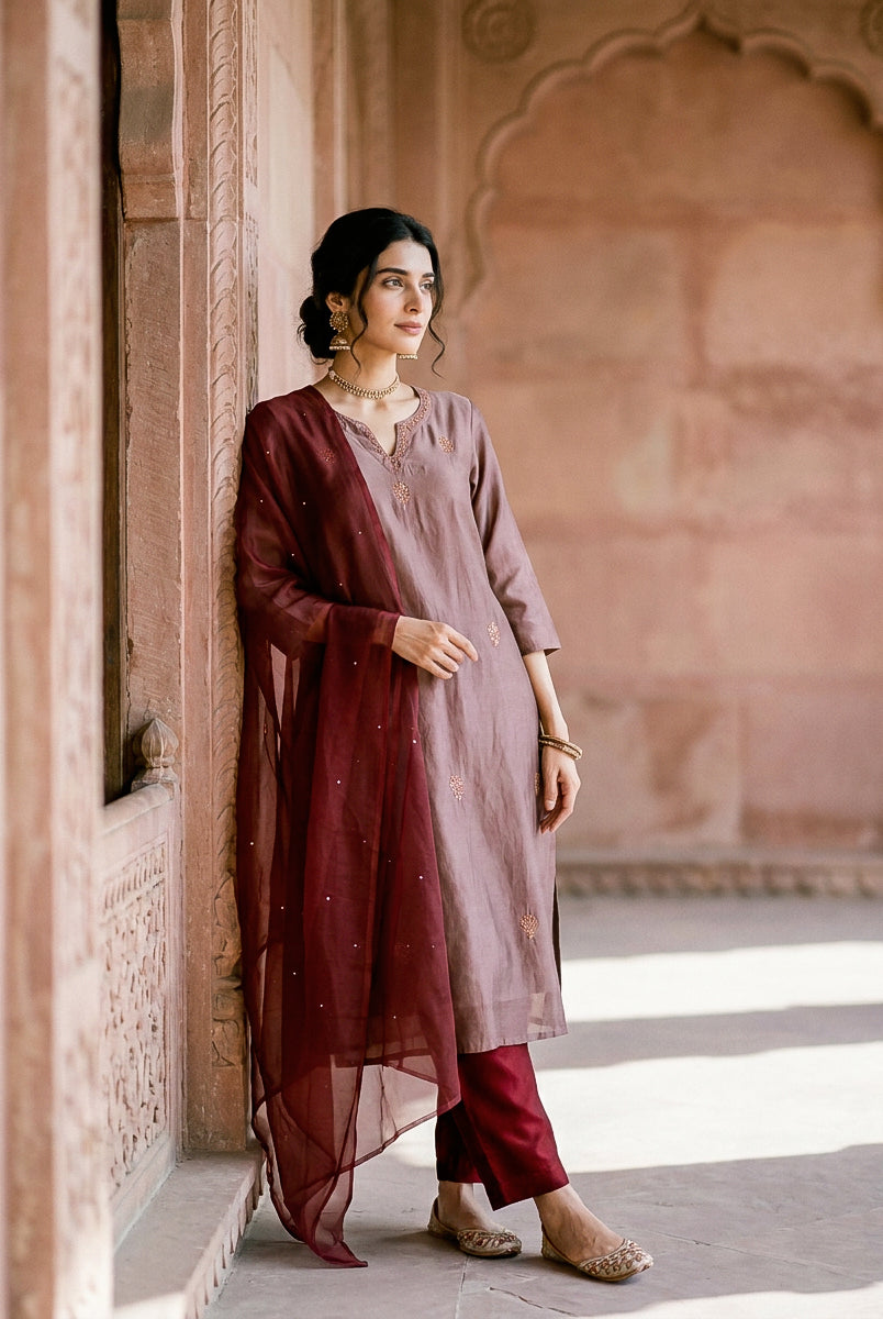 Mauve Embroidered Silk Chanderi Kurta Set with Pants & Dupatta — kurta detail