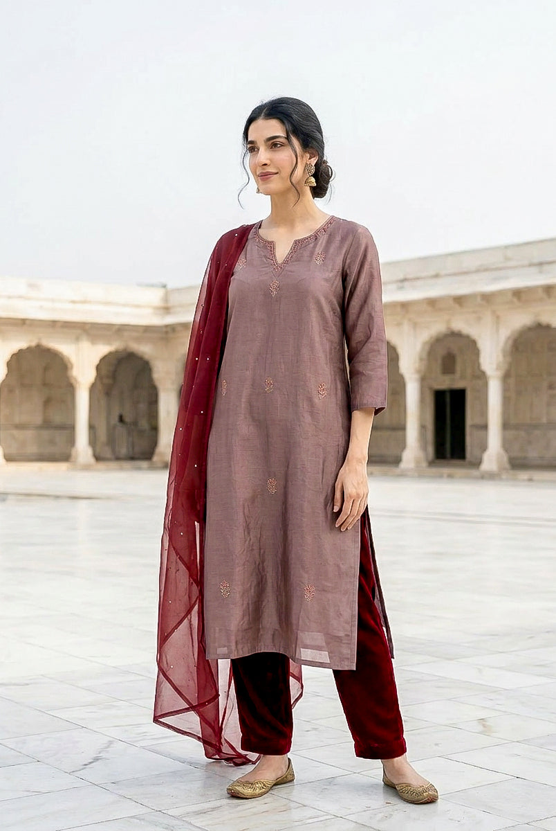 Mauve Embroidered Silk Chanderi Kurta Set with Pants & Dupatta — back view