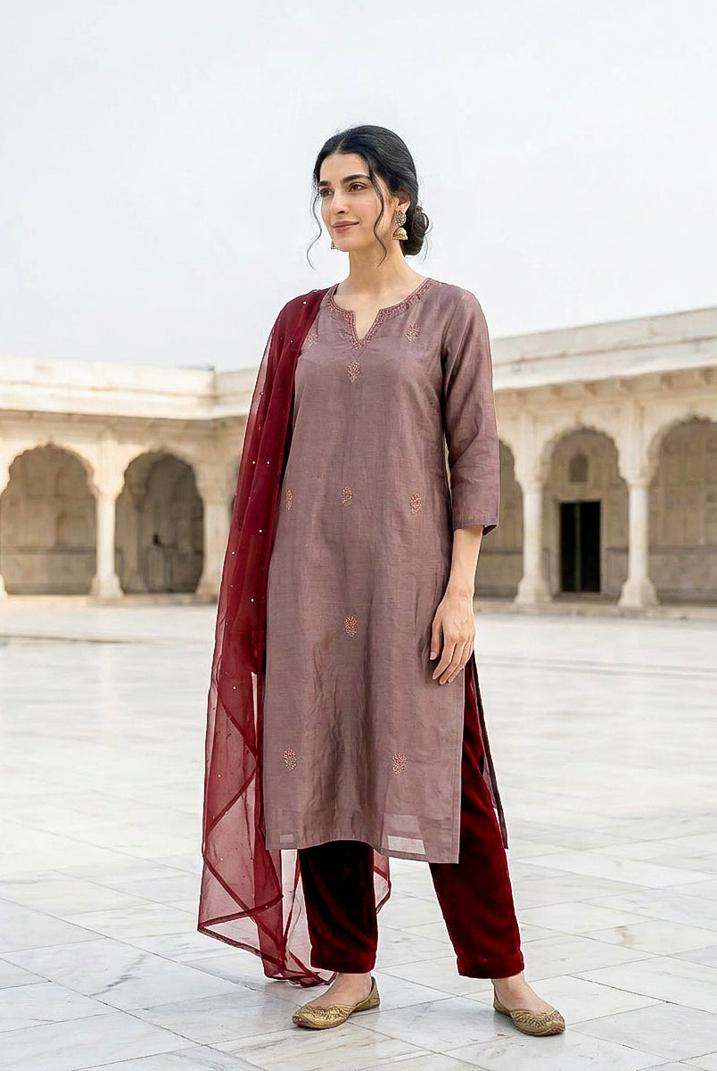 Mauve Embroidered Silk Chanderi Kurta Set with Pants & Dupatta — back view