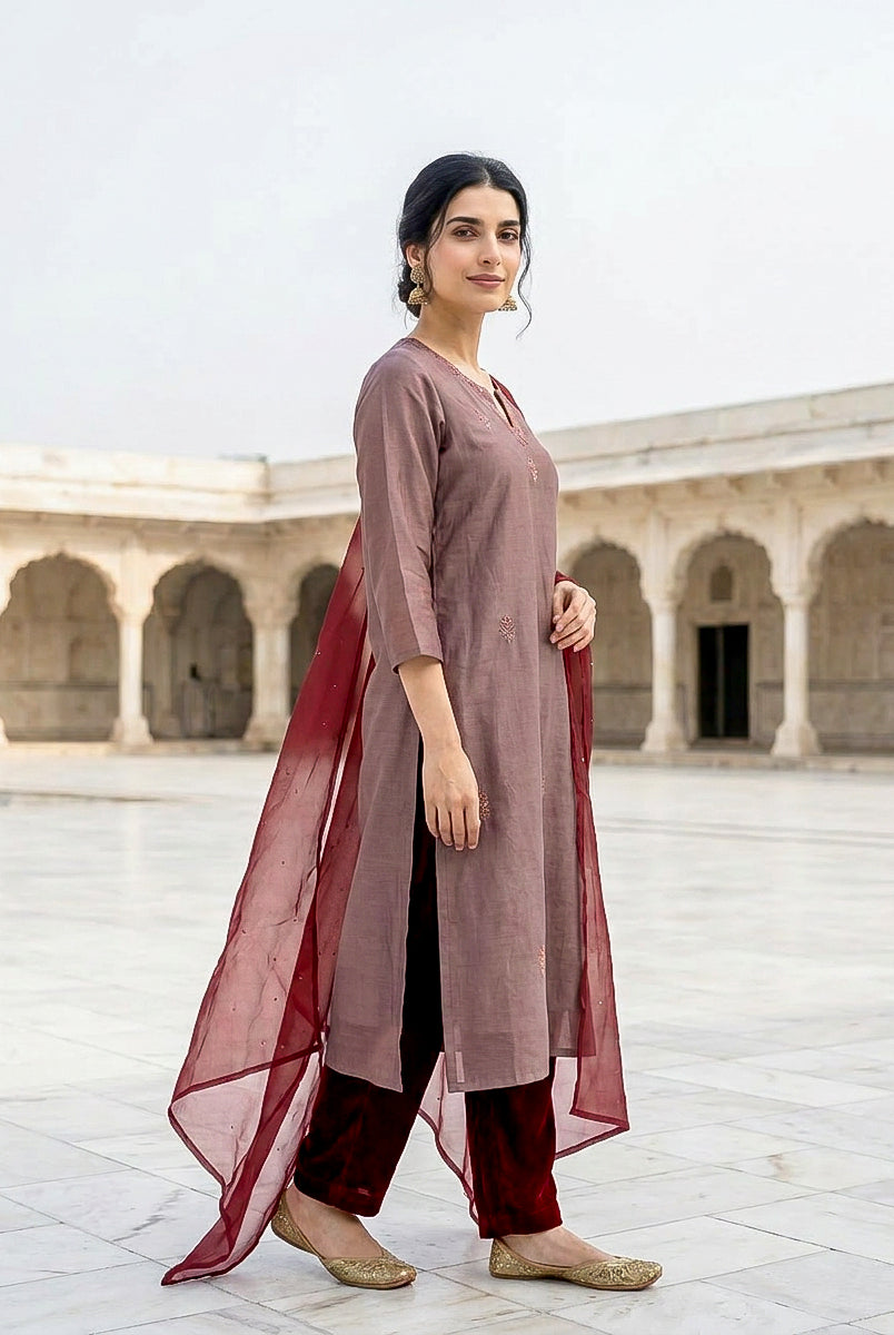 Mauve Embroidered Silk Chanderi Kurta Set with Pants & Dupatta — side view