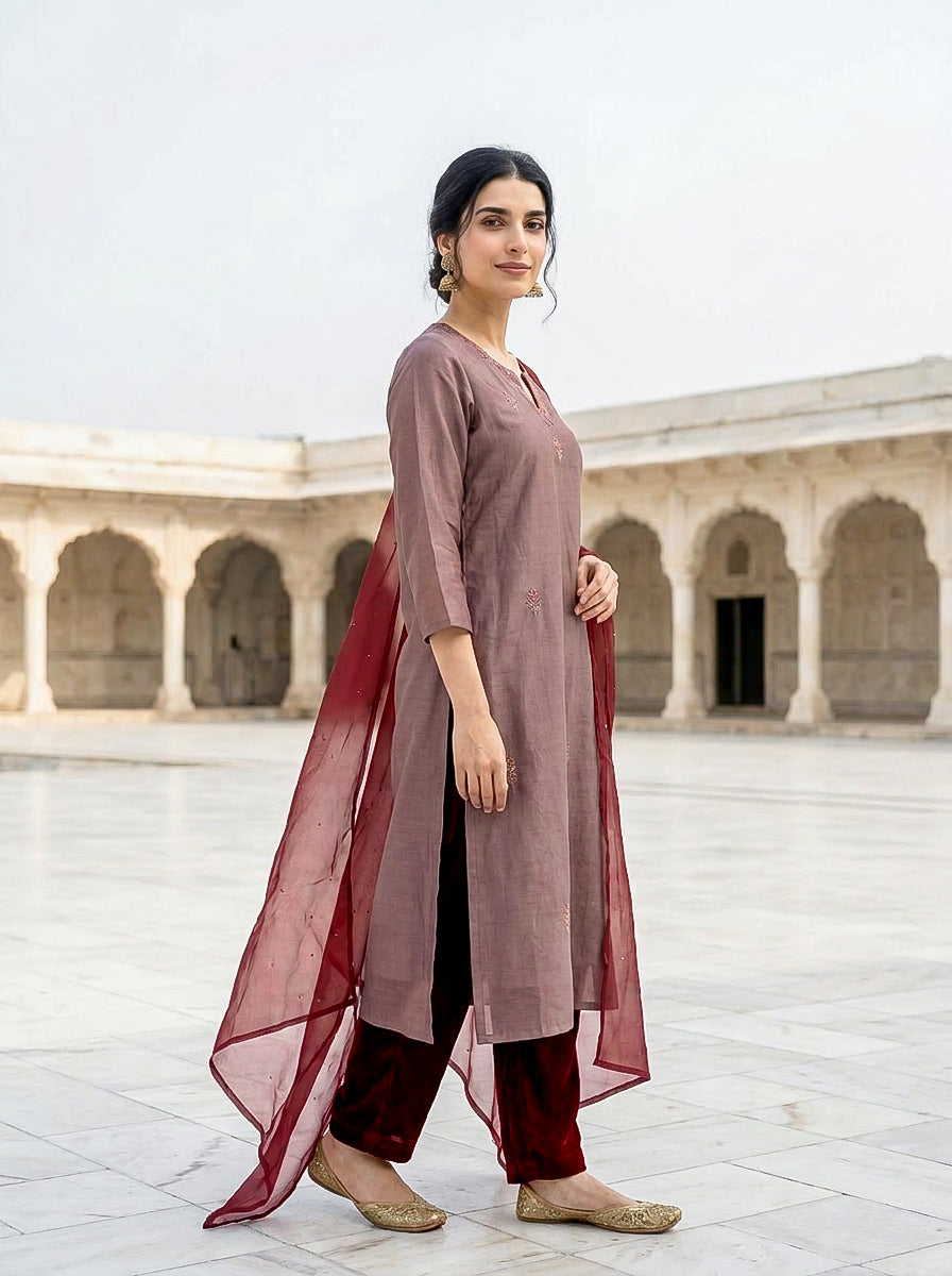 Mauve Embroidered Silk Chanderi Kurta Set with Pants & Dupatta — side view