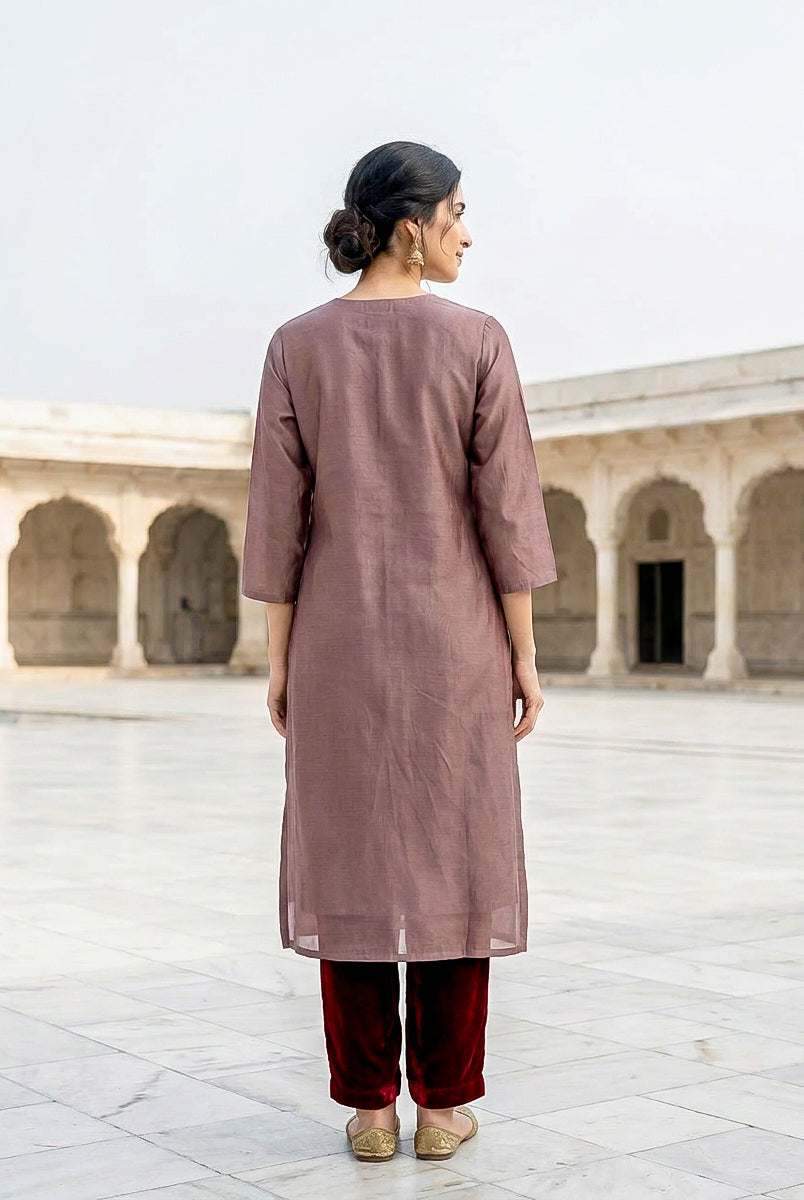 Mauve Embroidered Silk Chanderi Kurta Set with Pants & Dupatta — styling detail