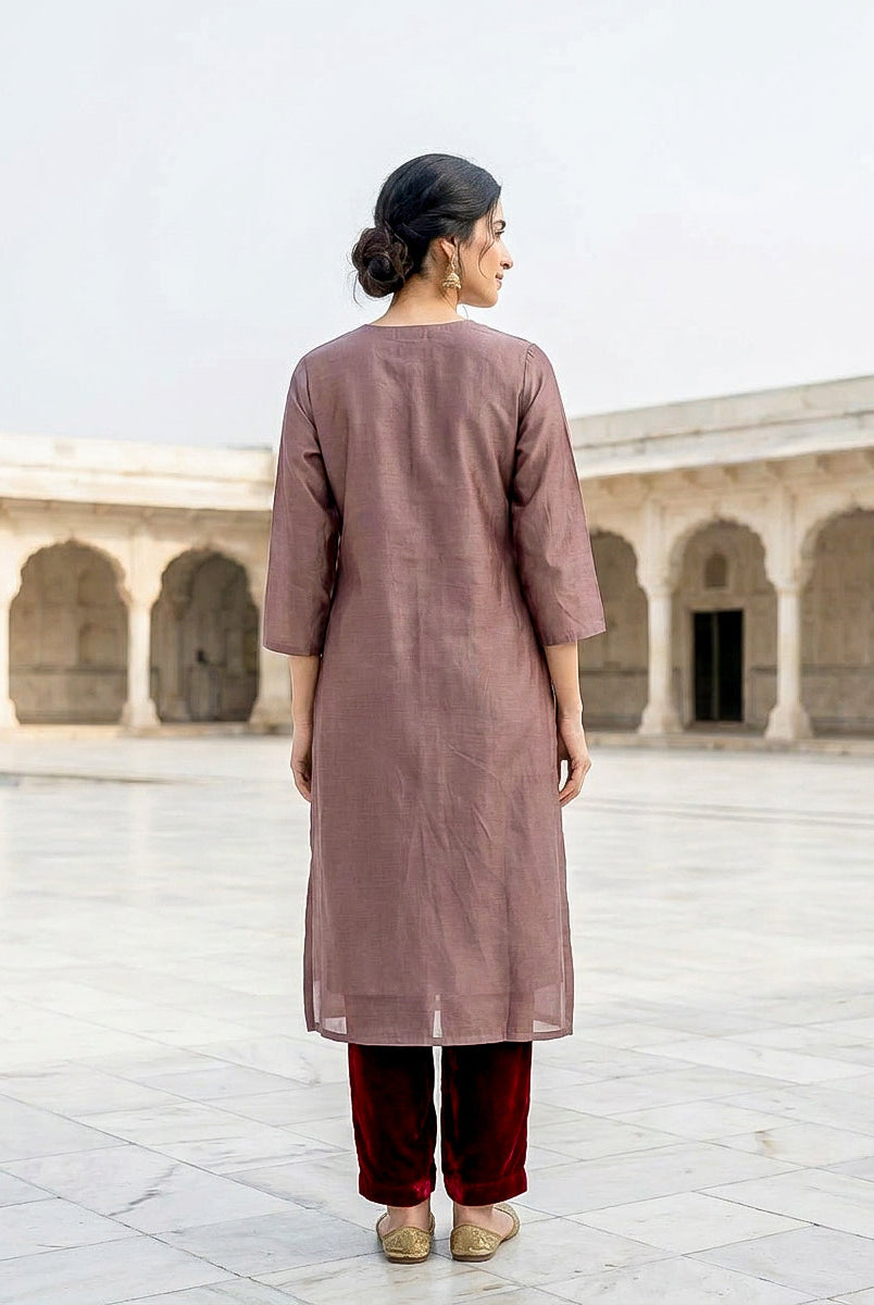 Mauve Embroidered Silk Chanderi Kurta Set with Pants & Dupatta — styling detail