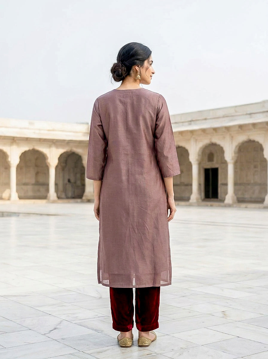 Mauve Embroidered Silk Chanderi Kurta Set with Pants & Dupatta — styling detail