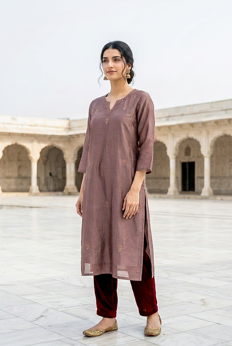 Mauve Embroidered Silk Chanderi Kurta Set with Pants & Dupatta — fabric close-up