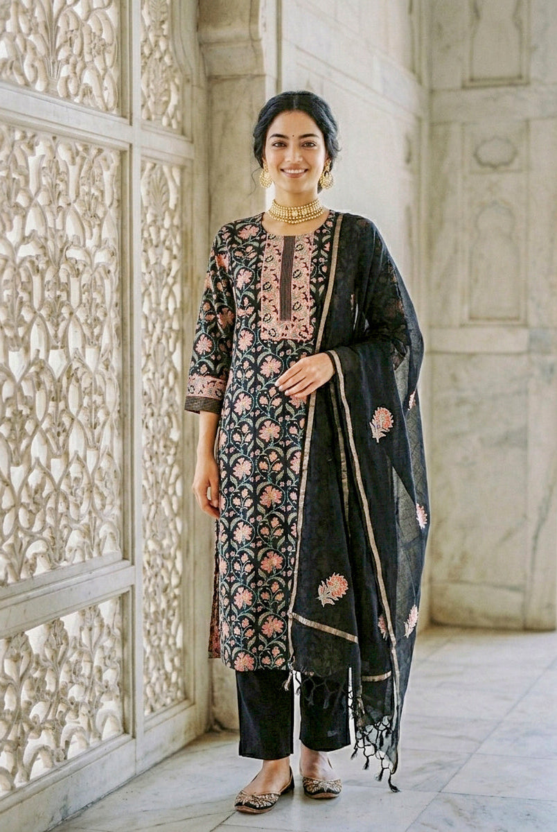 Smiling model wears black floral hand block print kurta set with pants and dupatta.