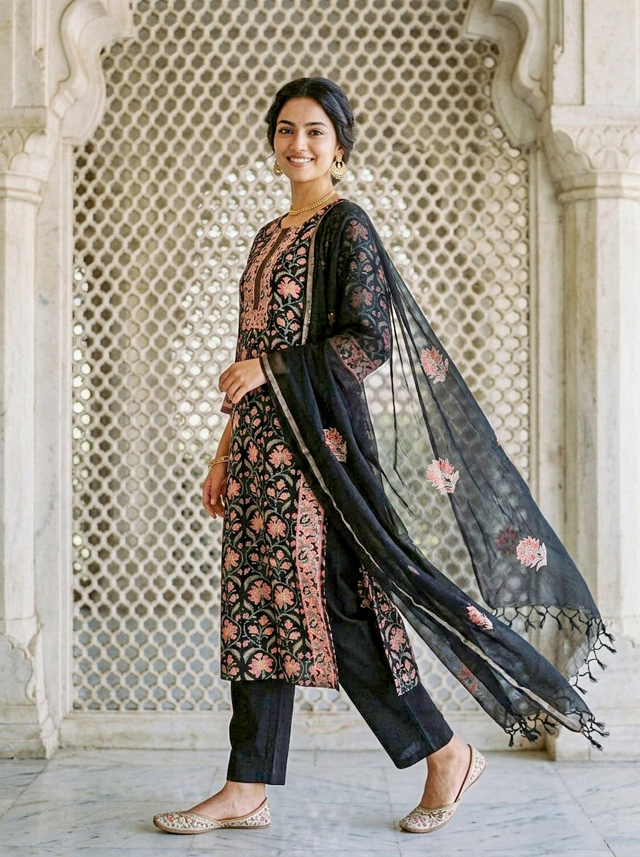 Side-angle model wears black floral hand block print kurta set with matching dupatta.