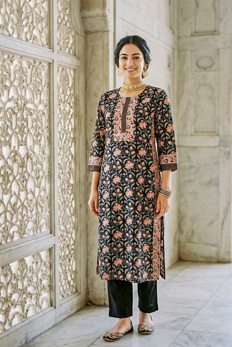 Black Floral Hand Block Print Silk Chanderi Kurta Set with Pants & Dupatta — view 2