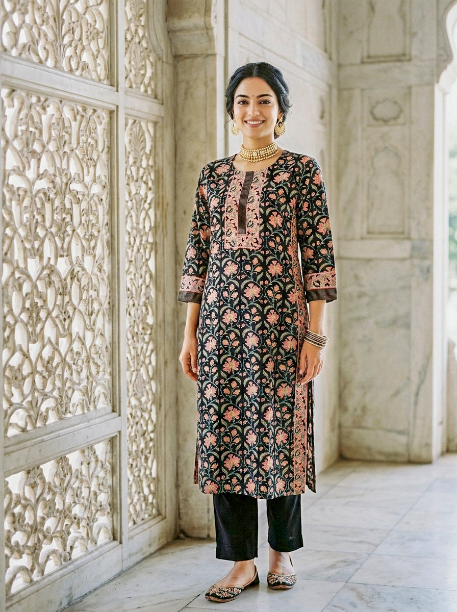 Black Floral Hand Block Print Silk Chanderi Kurta Set with Pants & Dupatta — view 2