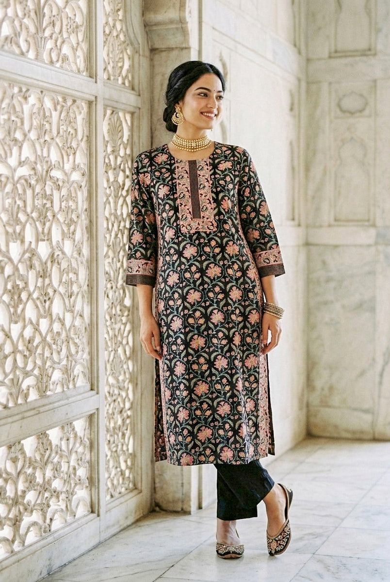 Black Floral Hand Block Print Silk Chanderi Kurta Set with Pants & Dupatta — view 5