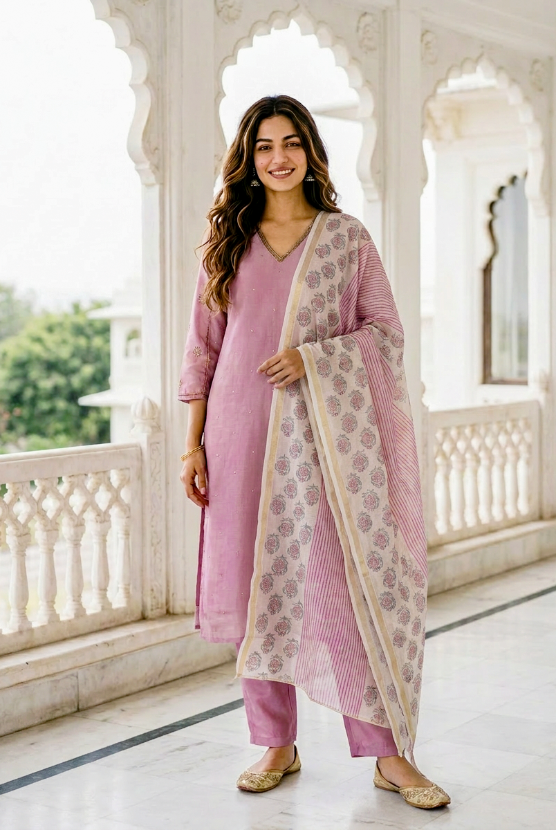 Mauve Embroidered Silk Chanderi Kurta Set with Pants & Block Print Dupatta — full set front