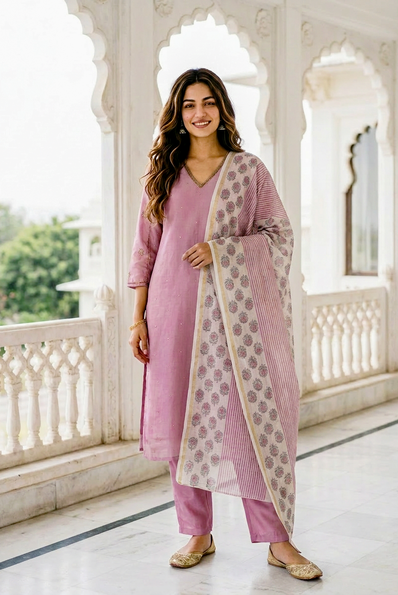 Mauve Embroidered Silk Chanderi Kurta Set with Pants & Block Print Dupatta — model front