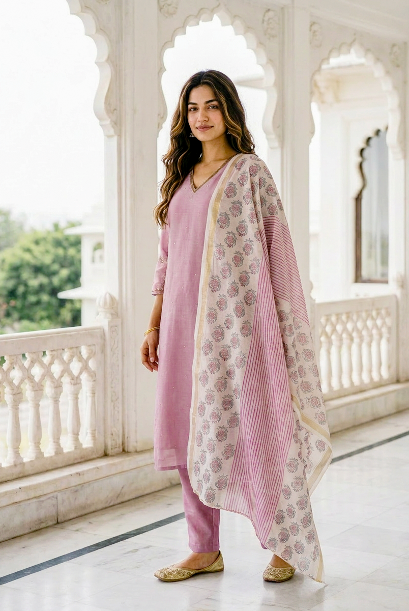Mauve Embroidered Silk Chanderi Kurta Set with Pants & Block Print Dupatta — kurta detail