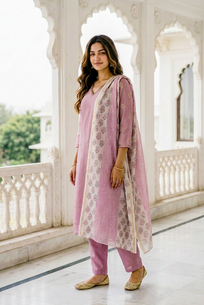 Mauve Embroidered Silk Chanderi Kurta Set with Pants & Block Print Dupatta — back view
