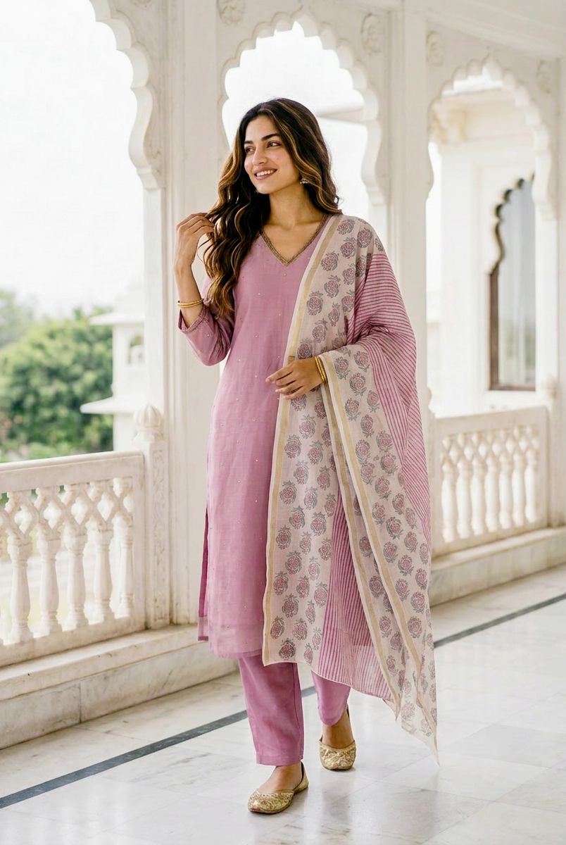 Mauve Embroidered Silk Chanderi Kurta Set with Pants & Block Print Dupatta — side view