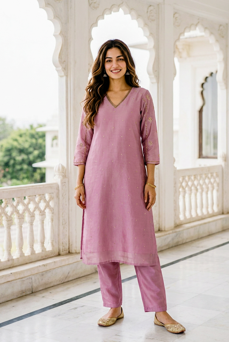 Mauve Embroidered Silk Chanderi Kurta Set with Pants & Block Print Dupatta — styling detail