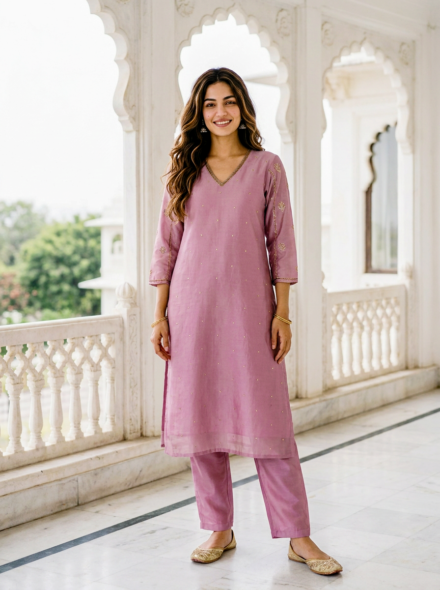 Mauve Embroidered Silk Chanderi Kurta Set with Pants & Block Print Dupatta — styling detail