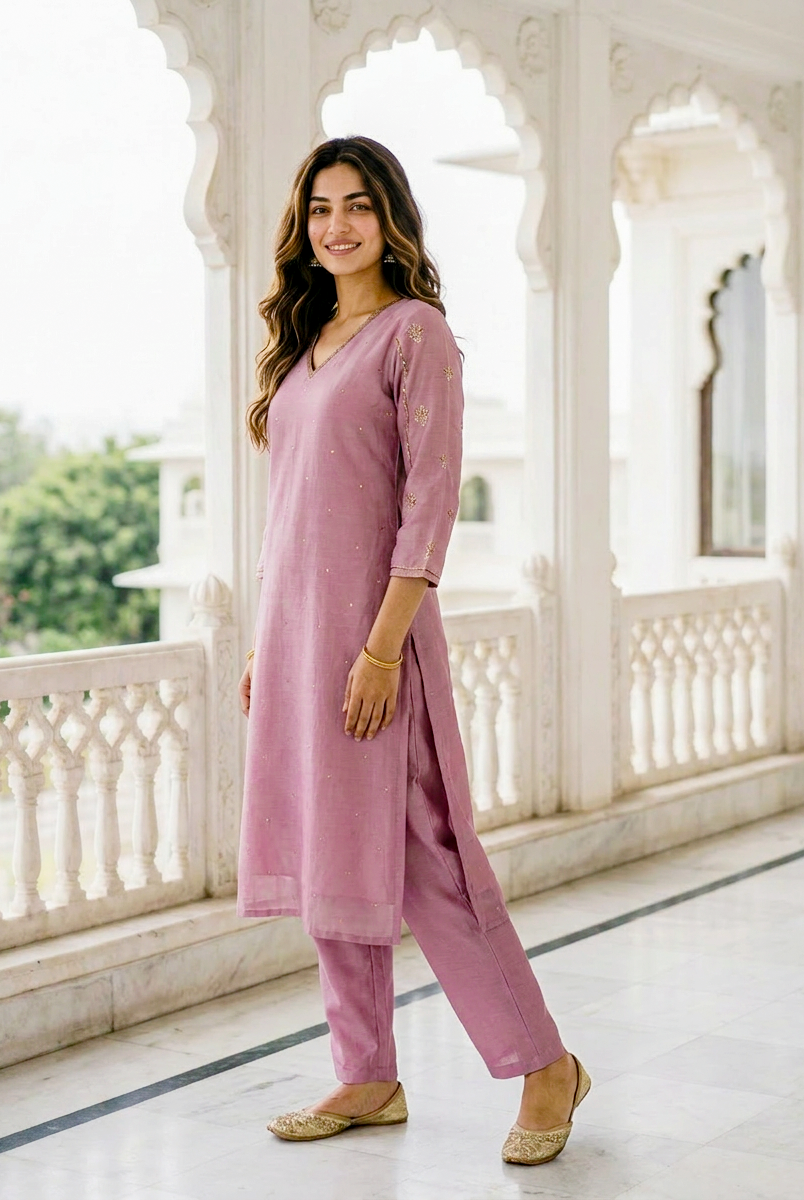 Mauve Embroidered Silk Chanderi Kurta Set with Pants & Block Print Dupatta — fabric close-up