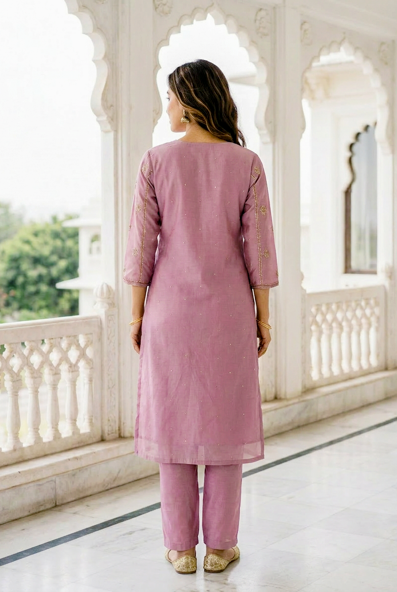 Mauve Embroidered Silk Chanderi Kurta Set with Pants & Block Print Dupatta — detail