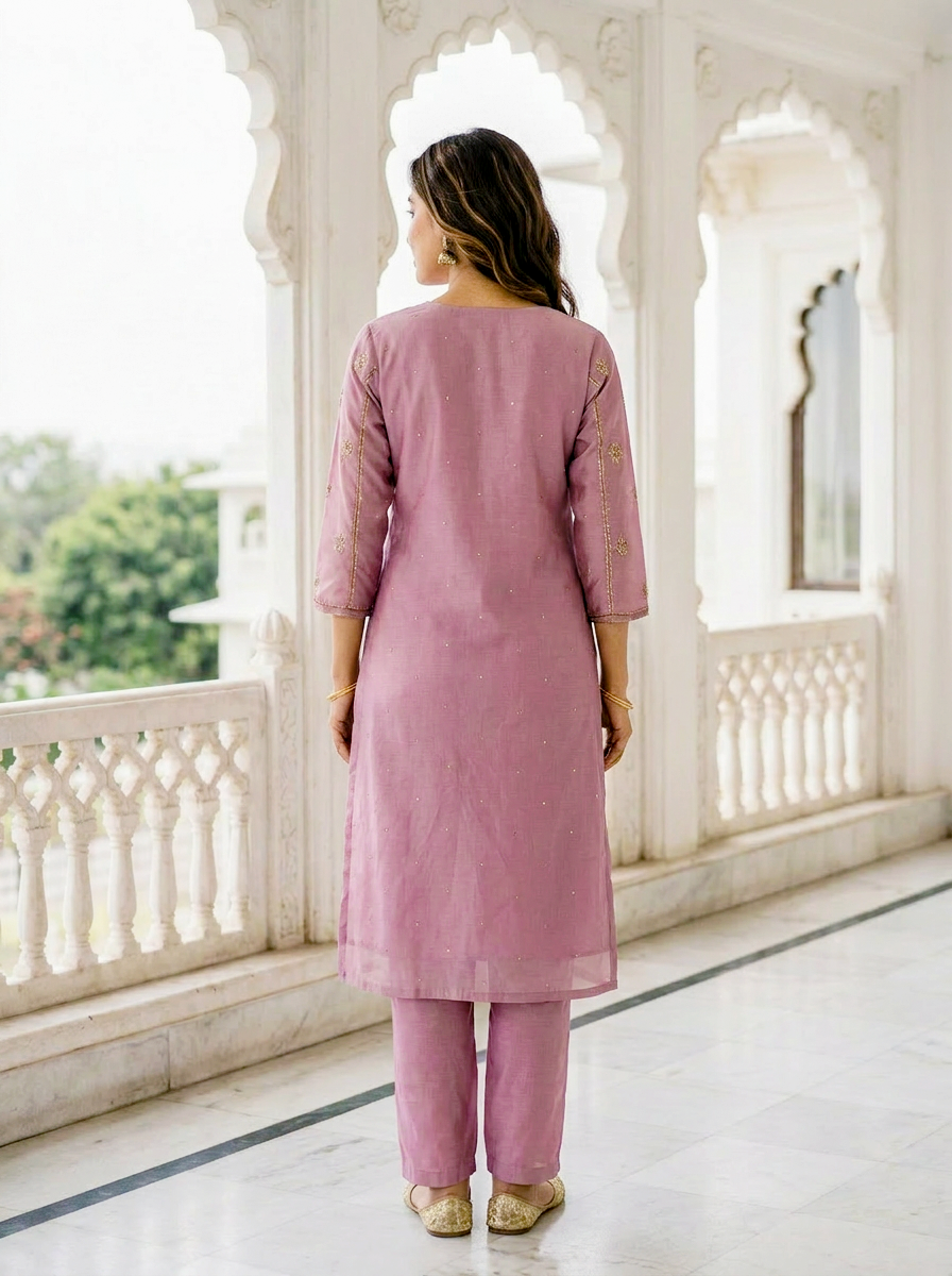 Mauve Embroidered Silk Chanderi Kurta Set with Pants & Block Print Dupatta — detail