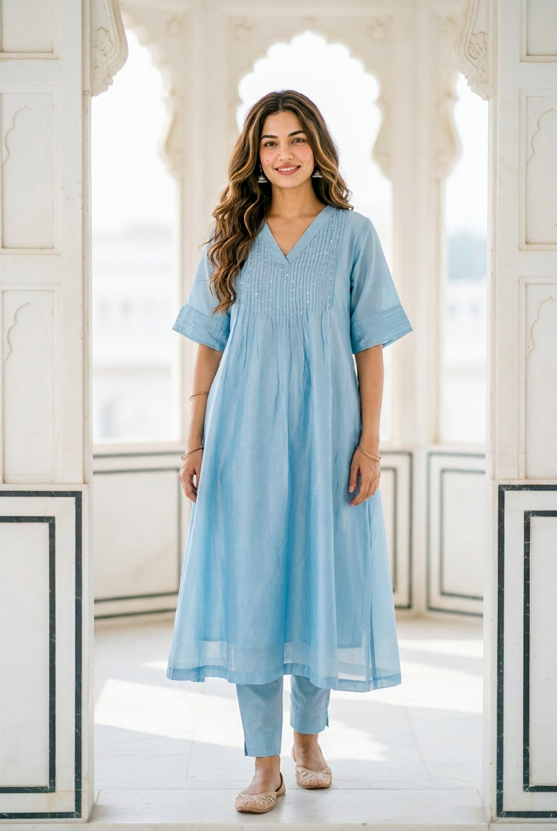 Powder Blue Pintucked Silk Chanderi Kurta with Dola Silk Pants — full set front