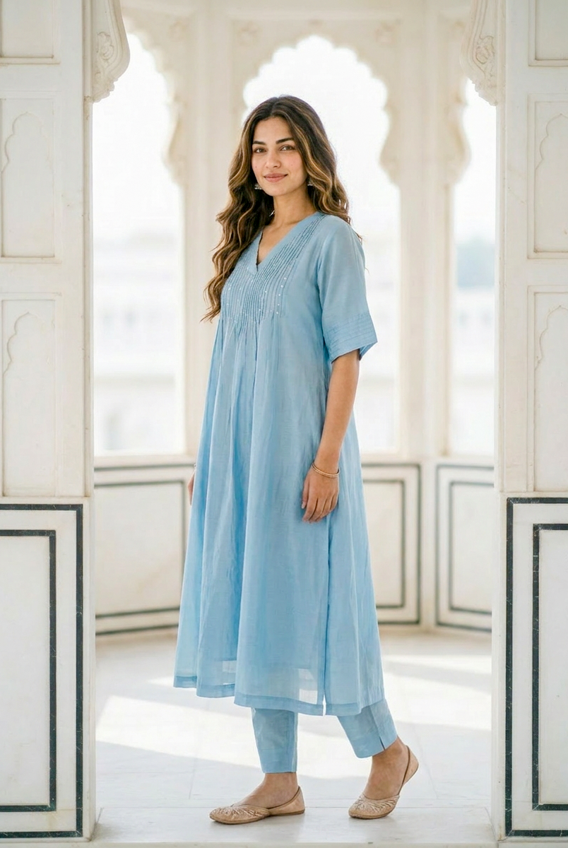 Powder Blue Pintucked Silk Chanderi Kurta with Dola Silk Pants — model front
