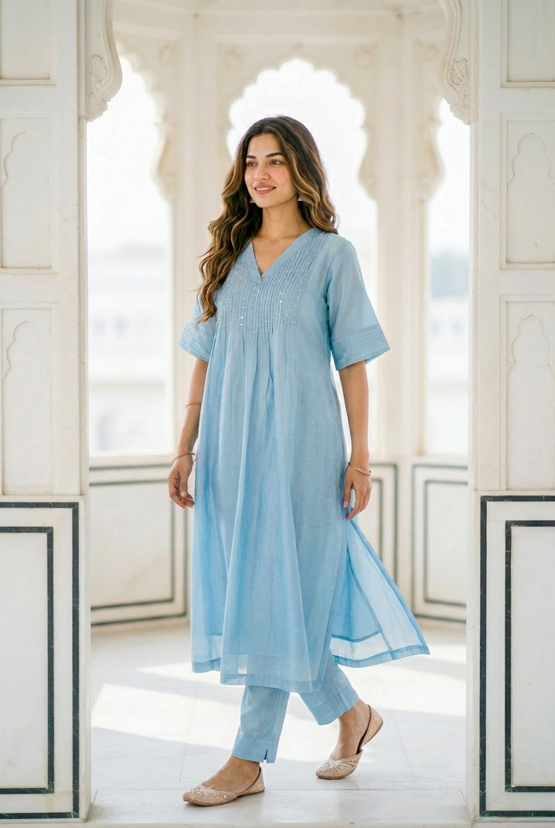 Powder Blue Pintucked Silk Chanderi Kurta with Dola Silk Pants — kurta detail