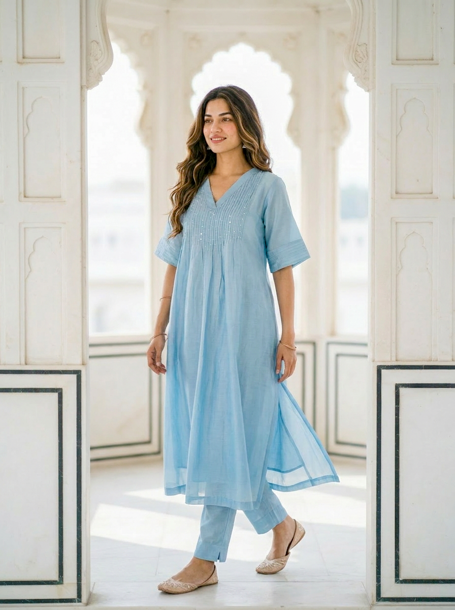 Powder Blue Pintucked Silk Chanderi Kurta with Dola Silk Pants — kurta detail