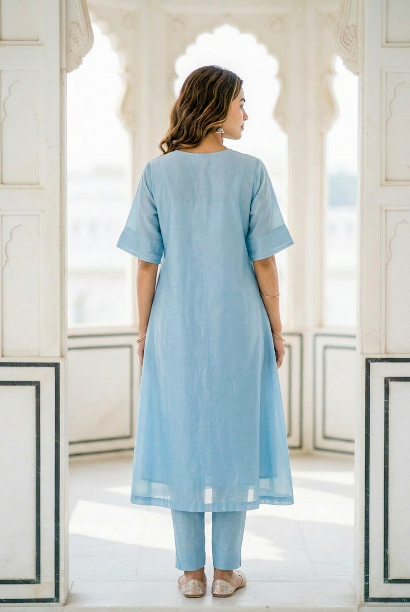 Powder Blue Pintucked Silk Chanderi Kurta with Dola Silk Pants — back view