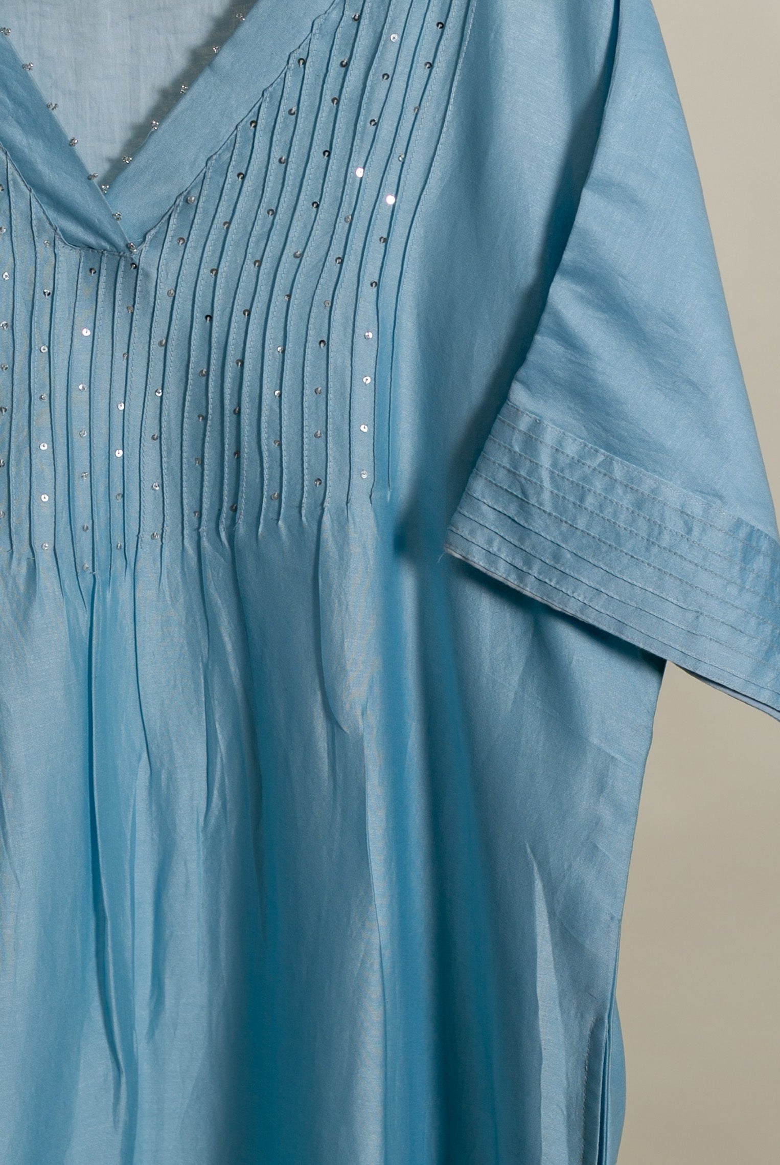 Powder Blue Pintucked Silk Chanderi Kurta with Dola Silk Pants — side view