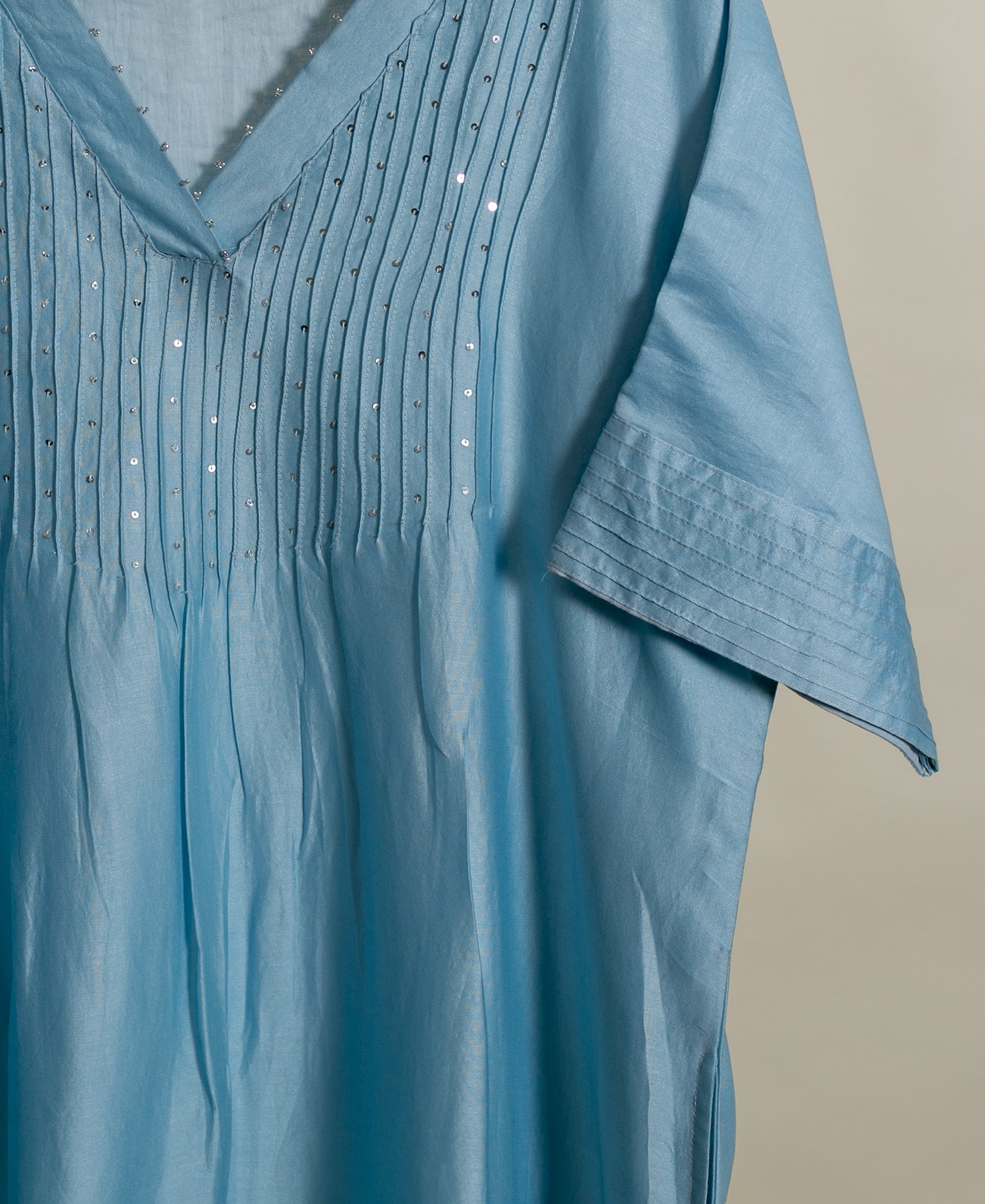 Powder Blue Pintucked Silk Chanderi Kurta with Dola Silk Pants — side view