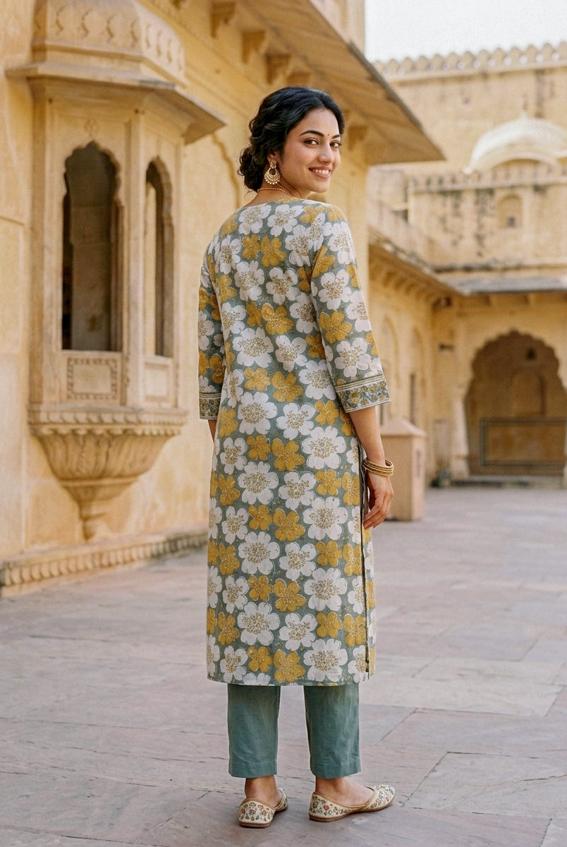 Sage Grey Floral Hand Block Print Cotton Kurta Set with Pants & Kota Dupatta — view 5