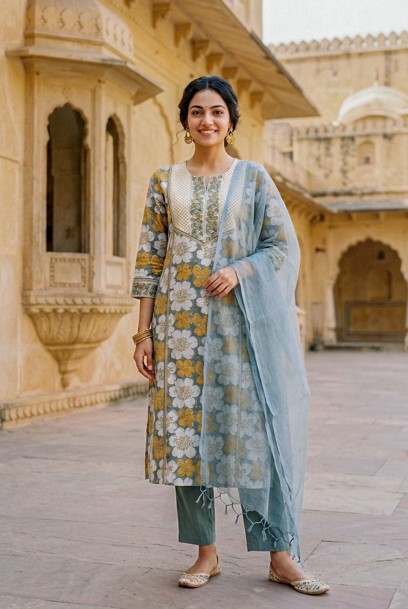 Sage Grey Floral Hand Block Print Cotton Kurta Set with Pants & Kota Dupatta — view 1