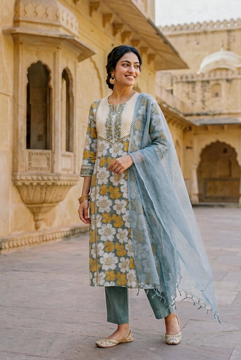 Sage Grey Floral Hand Block Print Cotton Kurta Set with Pants & Kota Dupatta — view 3