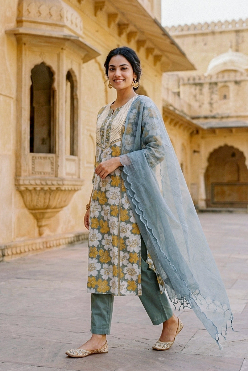Sage Grey Floral Hand Block Print Cotton Kurta Set with Pants & Kota Dupatta — view 4
