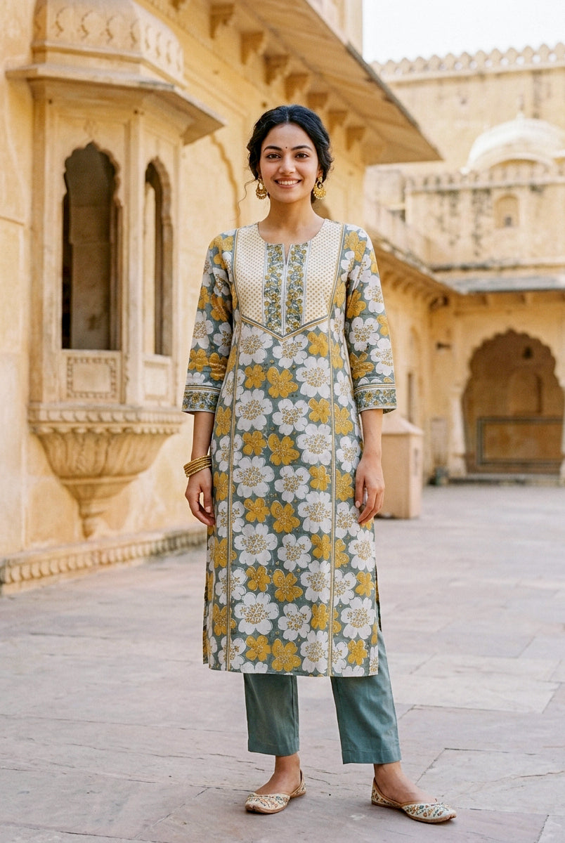 Sage Grey Floral Hand Block Print Cotton Kurta Set with Pants & Kota Dupatta — view 2