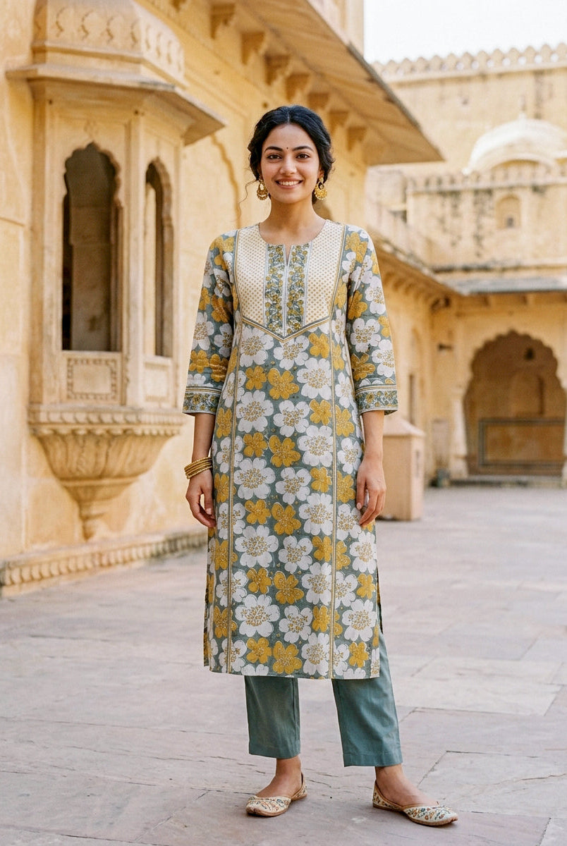 Sage Grey Floral Hand Block Print Cotton Kurta Set with Pants & Kota Dupatta — view 2
