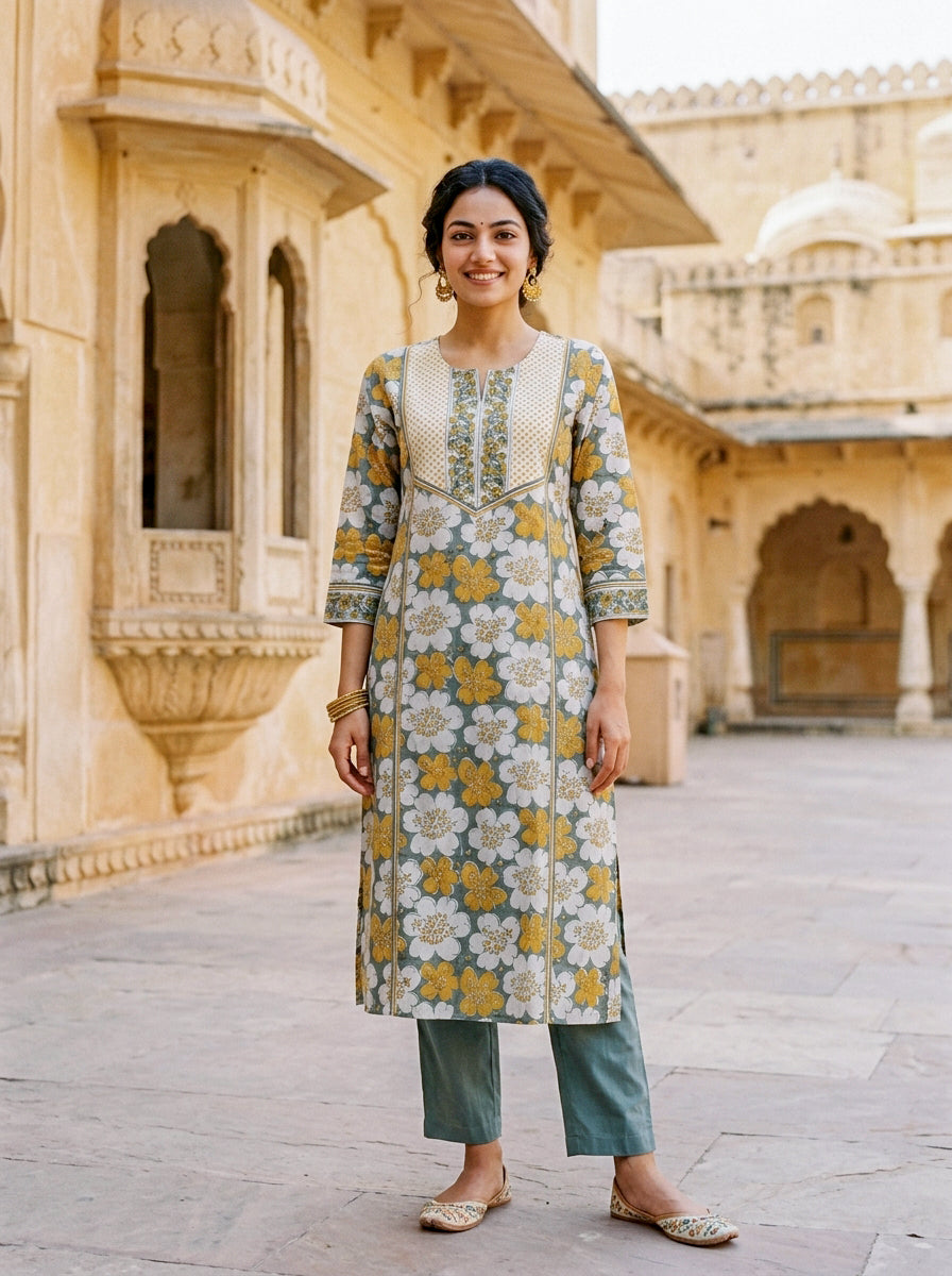 Sage Grey Floral Hand Block Print Cotton Kurta Set with Pants & Kota Dupatta — view 2