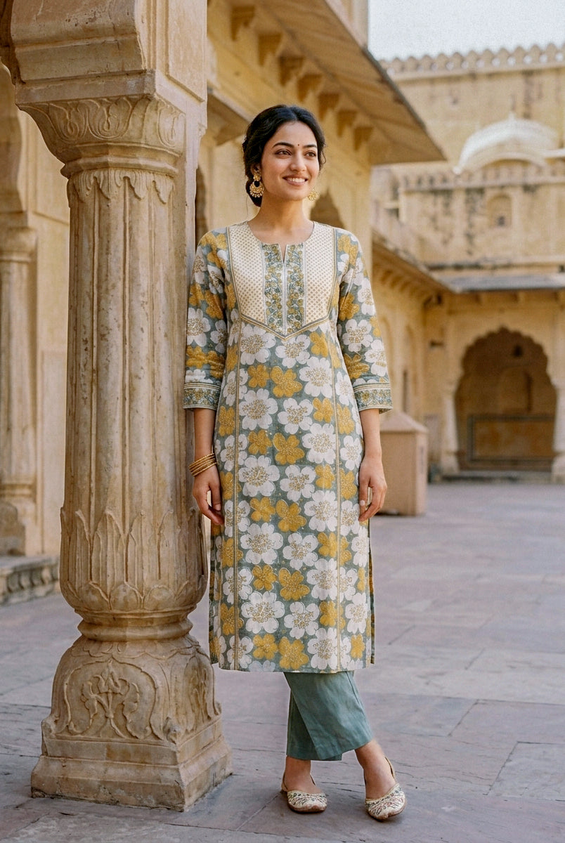 Sage Grey Floral Hand Block Print Cotton Kurta Set with Pants & Kota Dupatta — view 6